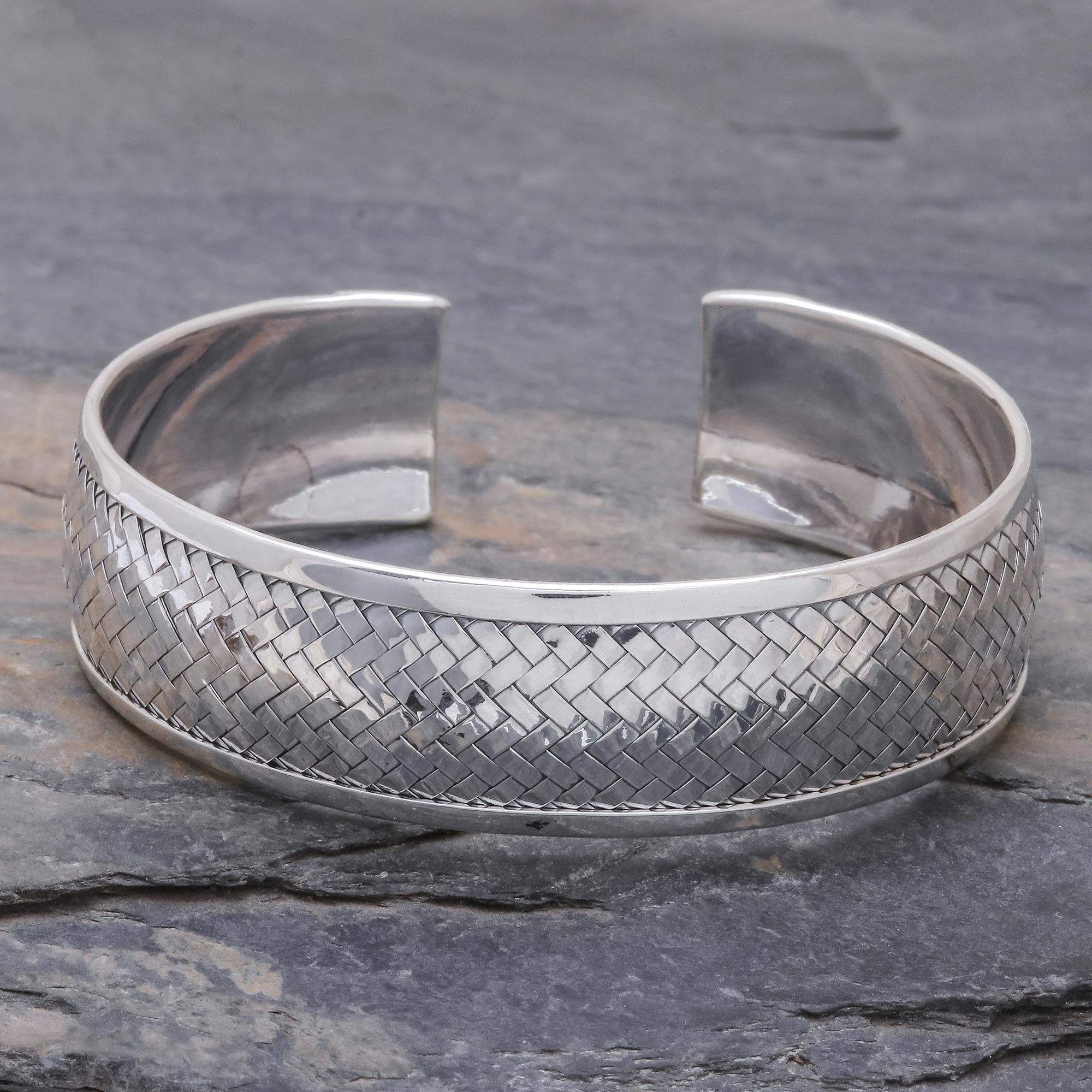 Sterling Silver Cuff Bracelet with Woven Motif - Weaving Tales