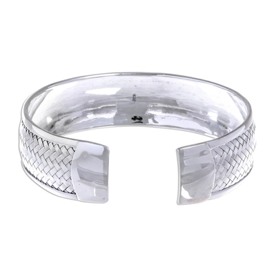 Sterling silver cuff bracelet, 'Weaving Tales' - Sterling Silver Cuff Bracelet with Woven Motif