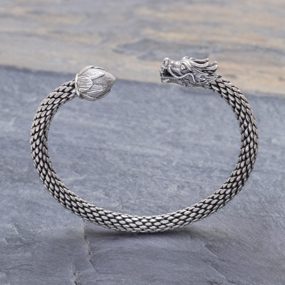 Sterling silver cuff bracelet, Dragon and Lotus