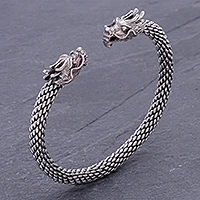 Sterling silver cuff bracelet, 'Double Dragons'