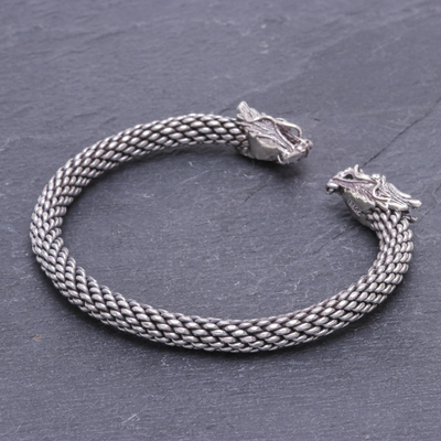 Sterling silver cuff bracelet, 'Double Dragons' - Dragon Themed Unisex Sterling Silver Cuff Bracelet