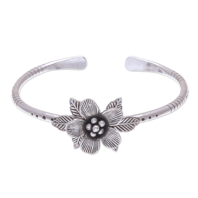 Hill Tribe Style Sterling Silver Floral Cuff Bracelet
