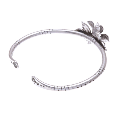 Sterling silver cuff bracelet, 'Winter Flower' - Hill Tribe Style Sterling Silver Floral Cuff Bracelet