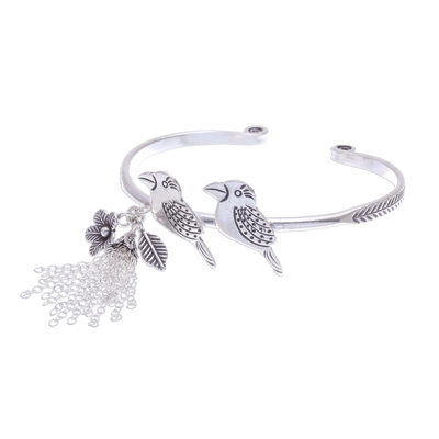 Brazalete de plata esterlina - Brazalete de plata de ley con diseño de pájaro de la selva tropical