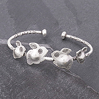 Silver cuff bracelet, 'Rabbit Family' - Rabbit Themed 950 Silver Cuff Bracelet