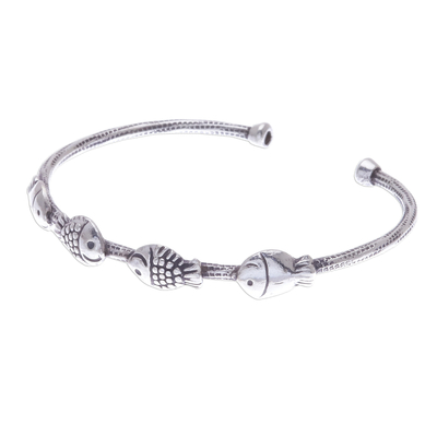 Silver cuff bracelet, 'Fish Family' - Fish Family 950 Silver Cuff Bracelet