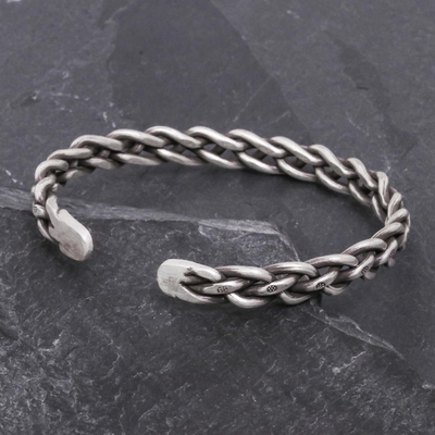 Sterling silver cuff bracelet, 'Stepping Stones' - Braided Sterling Silver Cuff Bracelet from Thailand