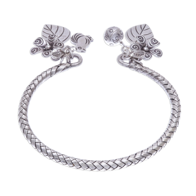 Woven 950 Silver Cuff Bracelet with Charms
