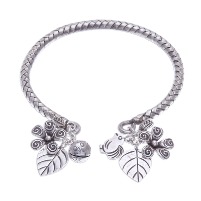 Silver cuff bracelet, 'Springtime Charm' - Woven 950 Silver Cuff Bracelet with Charms