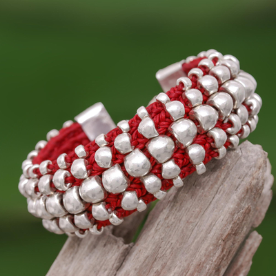 Silver beaded wristband bracelet, 'Red Karen' - Stunning 950 Silver Beaded Red Cord Bracelet