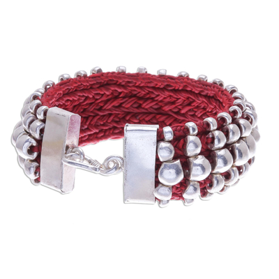 Silver beaded wristband bracelet, 'Red Karen' - Stunning 950 Silver Beaded Red Cord Bracelet