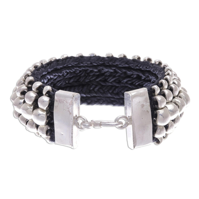 Silver beaded wristband bracelet, 'Black Karen' - Black Cord Bracelet with 950 SIlver Beads