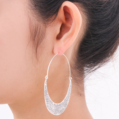 Sterling silver hoop earrings, 'Crescent Swing' - Hammered Sterling Silver Hoop Earrings