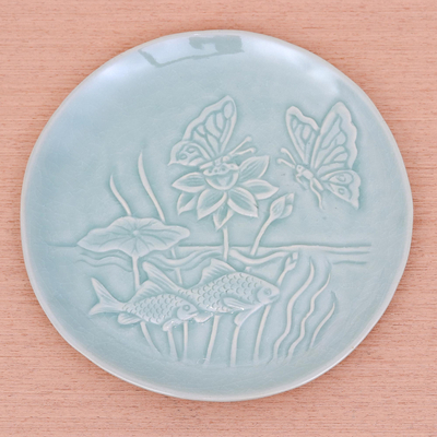 Celadon ceramic plate, 'Tranquil Pond' - Celadon Ceramic Plate with Pond Scene from Thailand