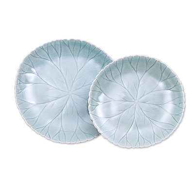 Celadon ceramic plates, 'Lotus Garden' (pair) - Food Safe Celadon Ceramic Lotus Motif Plates (Pair)