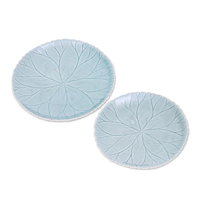 Celadon ceramic plates, 'Lotus Garden' (pair) - Food Safe Celadon Ceramic Lotus Motif Plates (Pair)