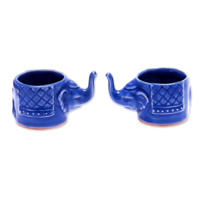 Celadon ceramic teacups, 'Elephant Essence in Blue' (pair) - Small Elephant Shaped Blue Celadon Teacups (Pair)