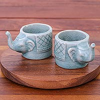 Celadon ceramic teacups, 'Elephant Essence in Aqua' (pair)
