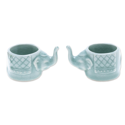 Tazas de té de cerámica Celadon, (par) - Tazas de té con tema de elefante de cerámica celadón aguamarina (par)