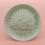Small celadon ceramic plate, 'Elephant Nurture' - Hand Crafted Elephant Motif Celadon Ceramic Plate