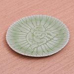 Small celadon ceramic plate, 'Elephant Nurture' - Hand Crafted Elephant Motif Celadon Ceramic Plate
