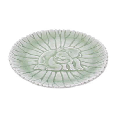 Small celadon ceramic plate, 'Elephant Nurture' - Hand Crafted Elephant Motif Celadon Ceramic Plate