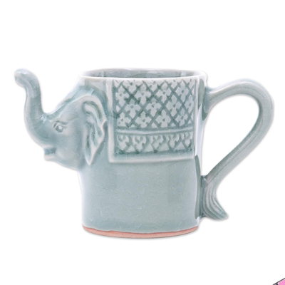 Celadon ceramic mug, 'Elephant Essence in Spruce' - Elephant Themed Celadon Ceramic Mug in Blue-Green