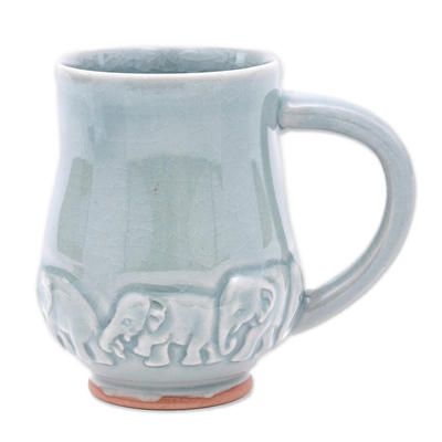 Crackled Finish Aqua Elephant Themed Celadon Mug