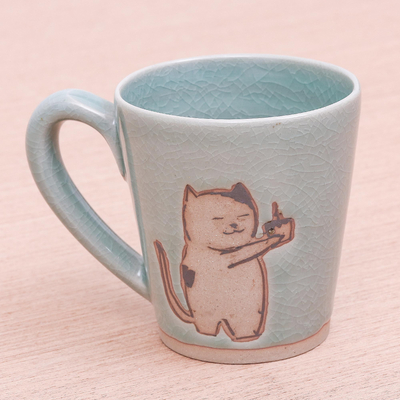 Celadon ceramic mug, 'Just For You' - Adorable Celadon Ceramic Kitty Mug