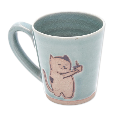 Celadon ceramic mug, 'Just For You' - Adorable Celadon Ceramic Kitty Mug