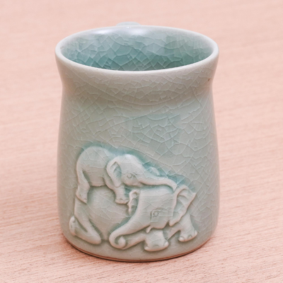 Celadon ceramic mug, Elephant Play