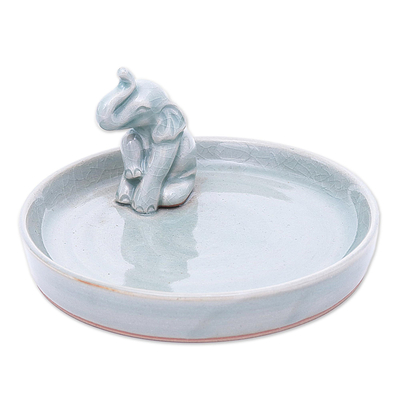 Celadon ceramic catchall, 'Curious Elephant' - Celadon Ceramic Elephant-Themed Catchall