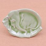 Celadon ceramic plate, 'Elephant at Rest in Green' - Handmade Elephant Themed Celadon Ceramic Plate
