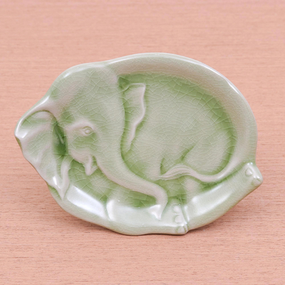 Celadon ceramic plate, Elephant at Rest in Green