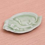 Celadon ceramic plate, 'Elephant at Rest in Green' - Handmade Elephant Themed Celadon Ceramic Plate