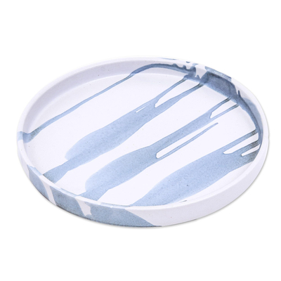Ceramic plate, 'Wet Paint' - White and Blue Hand Crafted Dinner Plate