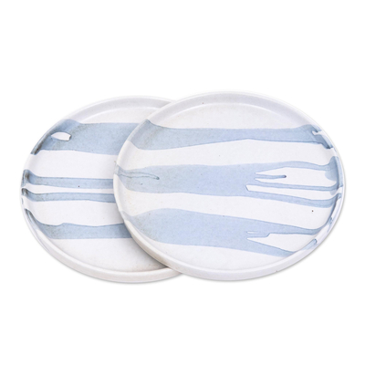 Ceramic dessert plates, 'Wet Paint' (pair) - Small White and Blue Ceramic Dessert Plates (Pair)