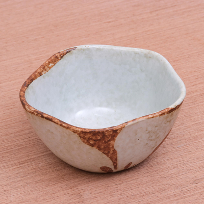 Fluted ceramic bowl, 'Natural Appeal' - Fluted Brown and White Handmade Ceramic Bowl