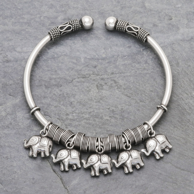 Sterling silver charm cuff bracelet, Parade of Pachyderms