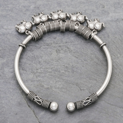 Sterling silver charm cuff bracelet, 'Parade of Pachyderms' - Elephant Charm Cuff Crafted in Sterling Silver