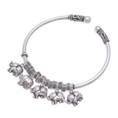 Sterling silver charm cuff bracelet, 'Parade of Pachyderms' - Elephant Charm Cuff Crafted in Sterling Silver