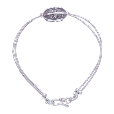 Silver beaded pendant bracelet, 'Karen Pleat' - Karen Hill Tribe Beaded 950 Silver Pendant Bracelet