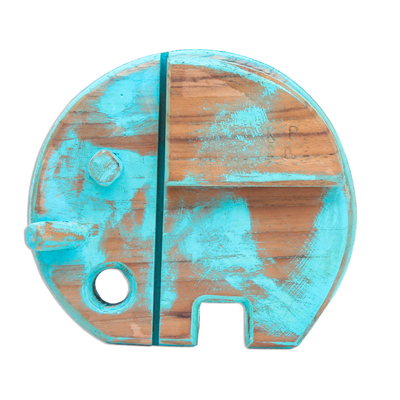 Rustic Wood Elephant Sculpture with Blue Finish (6 Inch)