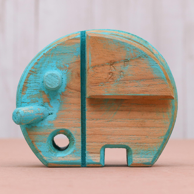 Wood statuette, 'Safari Elephant in Blue' (4.5 inch) - Unique Hand Carved Rustic Elephant Sculpture (4.5 Inch)