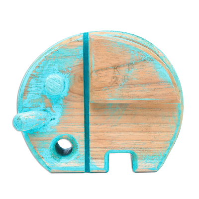 Wood statuette, 'Safari Elephant in Blue' (4.5 inch) - Unique Hand Carved Rustic Elephant Sculpture (4.5 Inch)