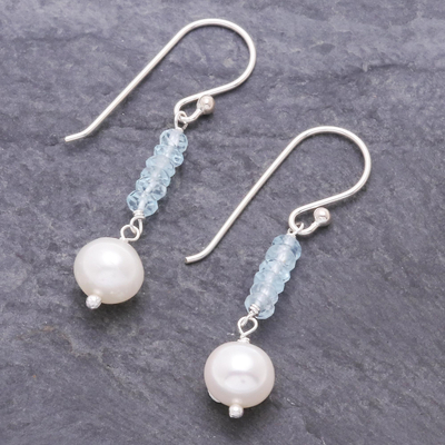 Blue topaz and cultured pearl dangle earrings, 'Iced' - Blue Topaz and Cultured Pearl Dangle Earrings
