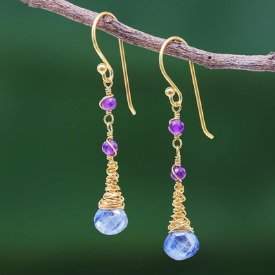 Gold plated kyanite and amethyst dangle earrings, 'Ocean Tears' - 24 Gold Plated Kyanite and Amethyst Earrings