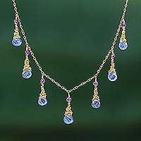 Gold plated kyanite and amethyst waterfall necklace, 'Ocean Tears' - 24k Gold Plated Gemstone Waterfall Necklace