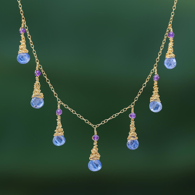 Vergoldete Wasserfall-Halskette aus Kyanit und Amethyst - 24 Karat vergoldete Edelstein-Wasserfall-Halskette