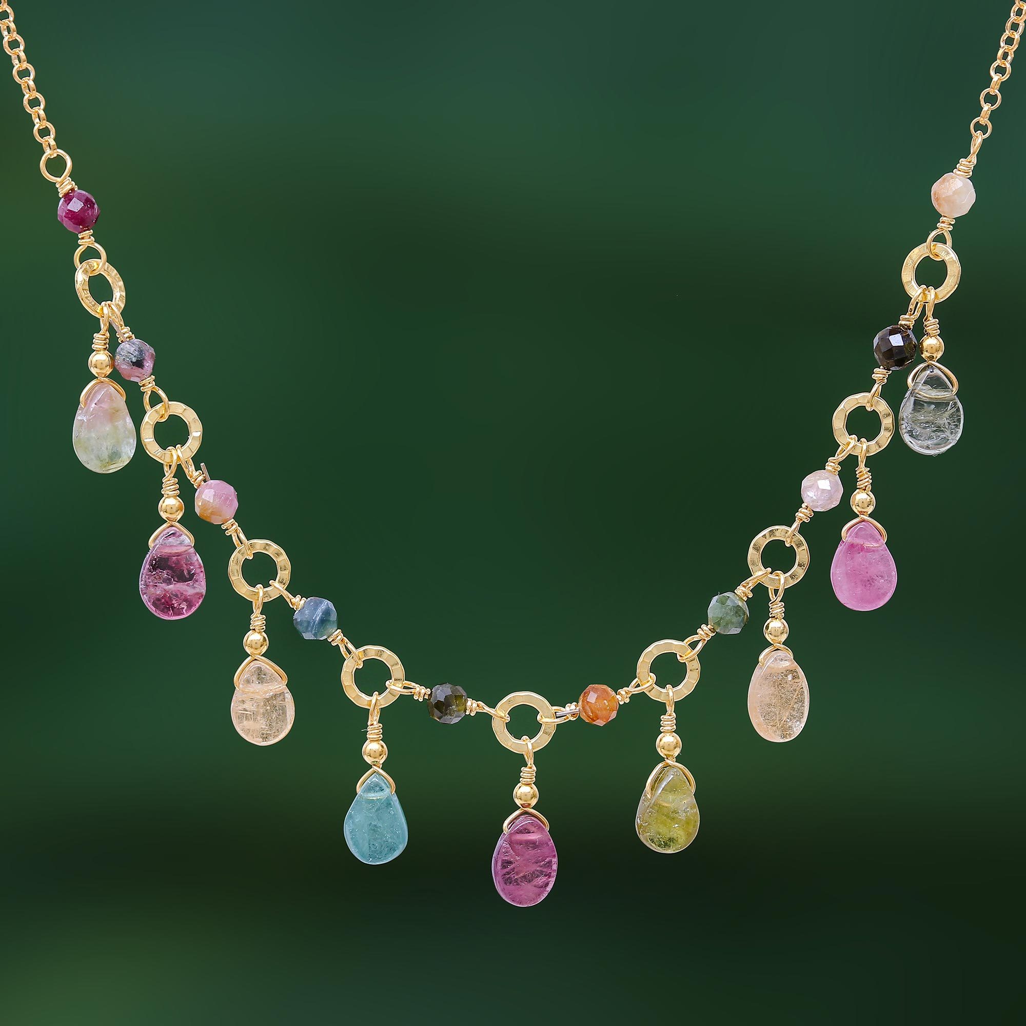 Natural Tourmaline 24k Gold Plated Waterfall Necklace, 'Colorful Array'